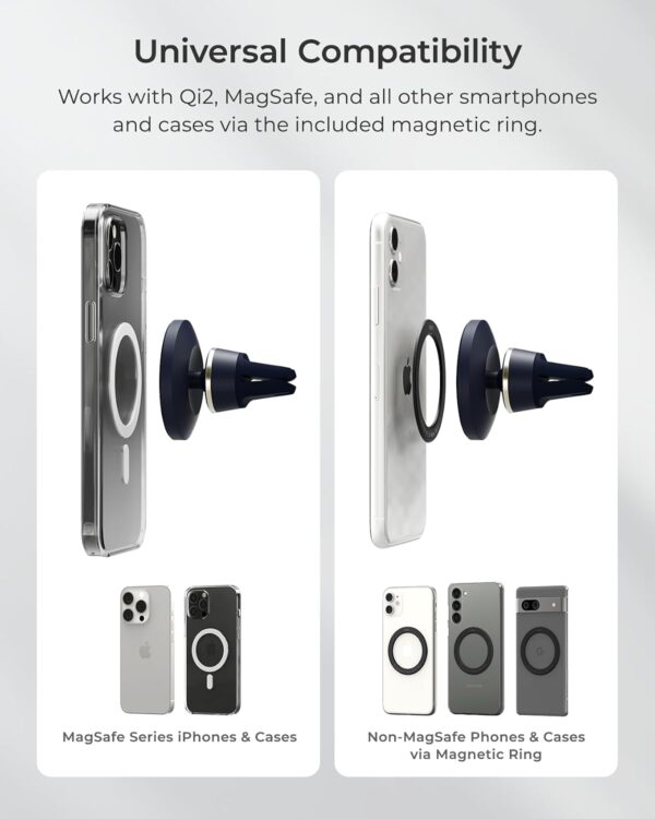 Compatible Air Vent Car Phone Holder. Unversal Magnetic Car Phone Mount for iPhone 12/13/14/15/16 Series & Android Phones via Included Magnetic Ring Adapter