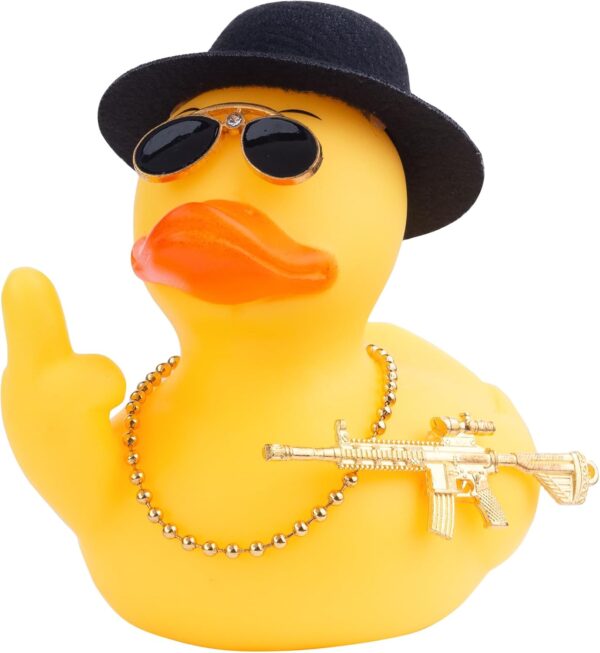 Car Rubber Duck Ornament, Cool Yellow Duck Car Dashboard Decorations Accessories with Top Hat Necklace Sunglasses and Cool Prop (9 cm, Black)