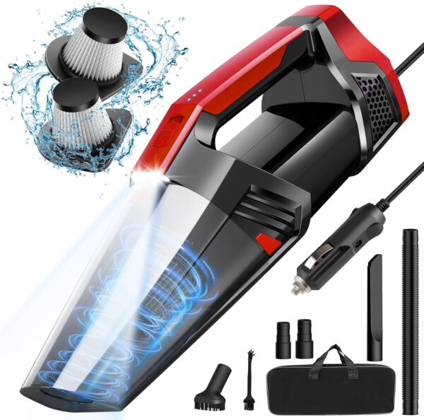 Car - Portable Cleaner with 16.4ft Cord, Bag, LED Light & Attachments - DC 12V High Power Small for Car, RV, Boats, Travel - Car Accessories