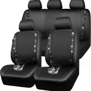 Leather Bling Diamond Car Seat Covers Full Set, Shining Rhinestone Waterproof Durable Rear with Zipper, Universal Fit Automotive Glitter Crystal Sparkle Strip for Cute Women Girly Black
