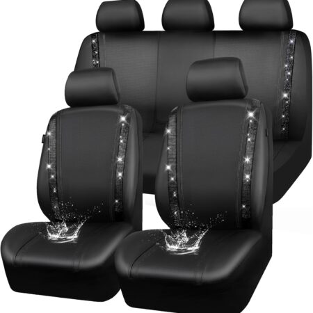 Leather Bling Diamond Car Seat Covers Full Set, Shining Rhinestone Waterproof Durable Rear with Zipper, Universal Fit Automotive Glitter Crystal Sparkle Strip for Cute Women Girly Black