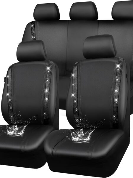 Leather Bling Diamond Car Seat Covers Full Set, Shining Rhinestone Waterproof Durable Rear with Zipper, Universal Fit Automotive Glitter Crystal Sparkle Strip for Cute Women Girly Black