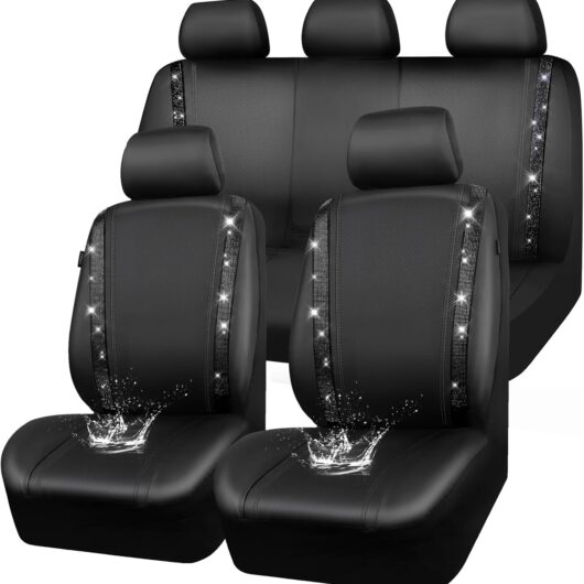 Leather Bling Diamond Car Seat Covers Full Set, Shining Rhinestone Waterproof Durable Rear with Zipper, Universal Fit Automotive Glitter Crystal Sparkle Strip for Cute Women Girly Black